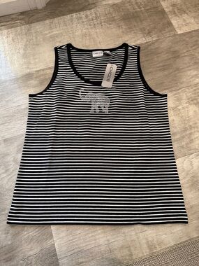 Chico's Black and White Striped Tank with Crystal Elephant